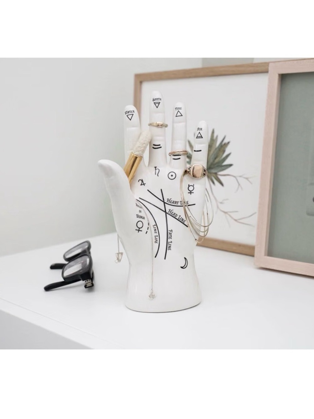 Kikkerland White Ceramic Palm Jewelry Holder with Black Print